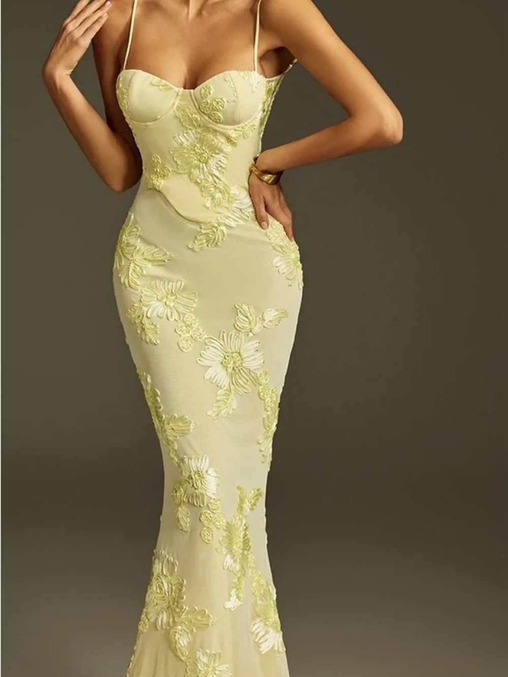 Lemon Floral Embroidered Maxi Dress with Spaghetti Straps